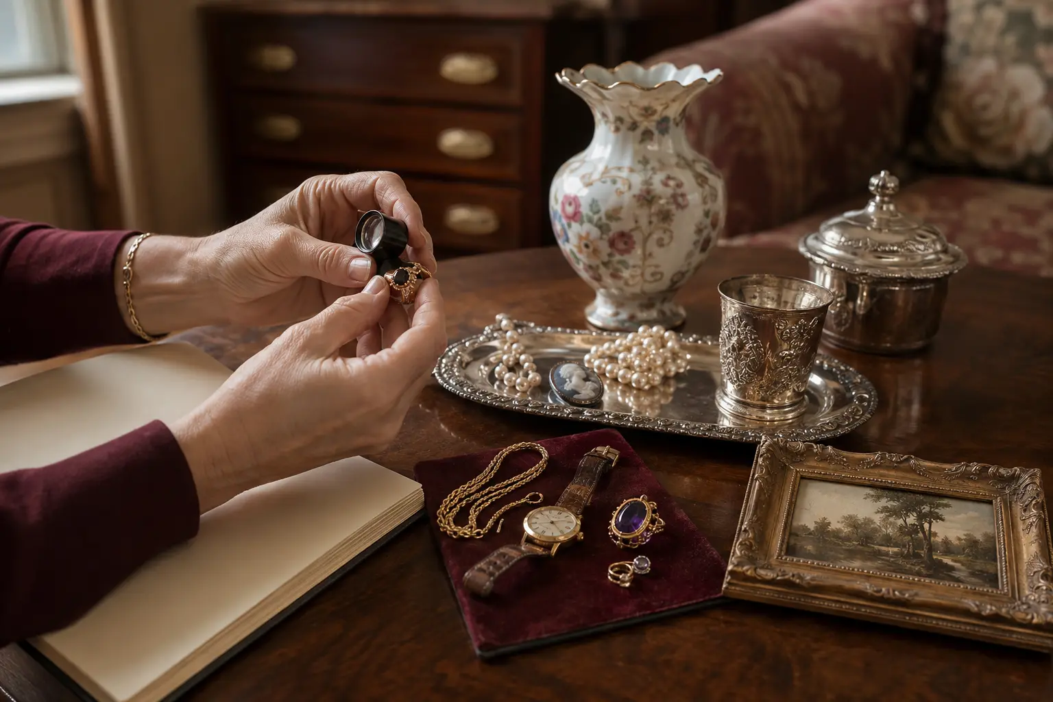 An estate appraiser carefully evaluating jewelry, silver, and antiques