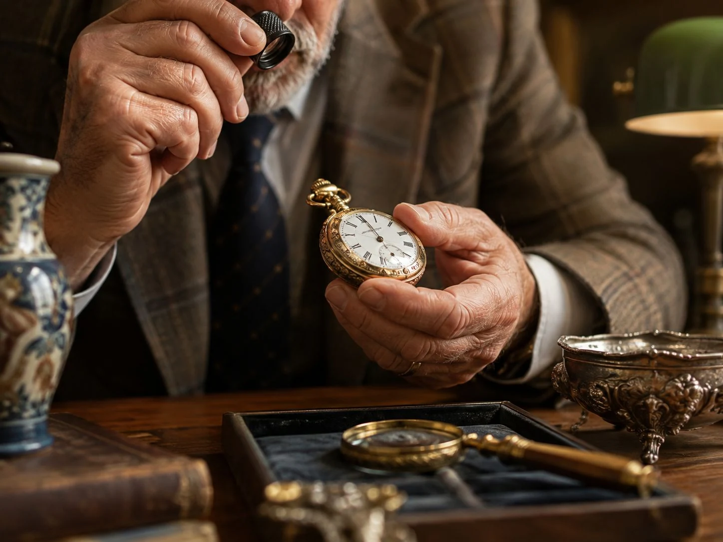 Close inspection of an antique object during an appraisal.