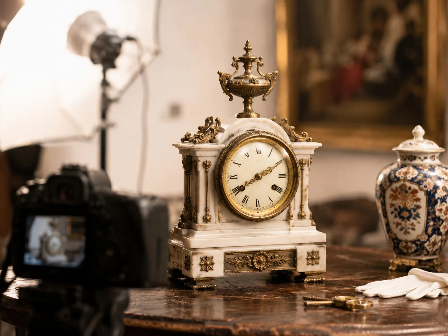 Antique mantel clock and porcelain vase arranged for auction photography.