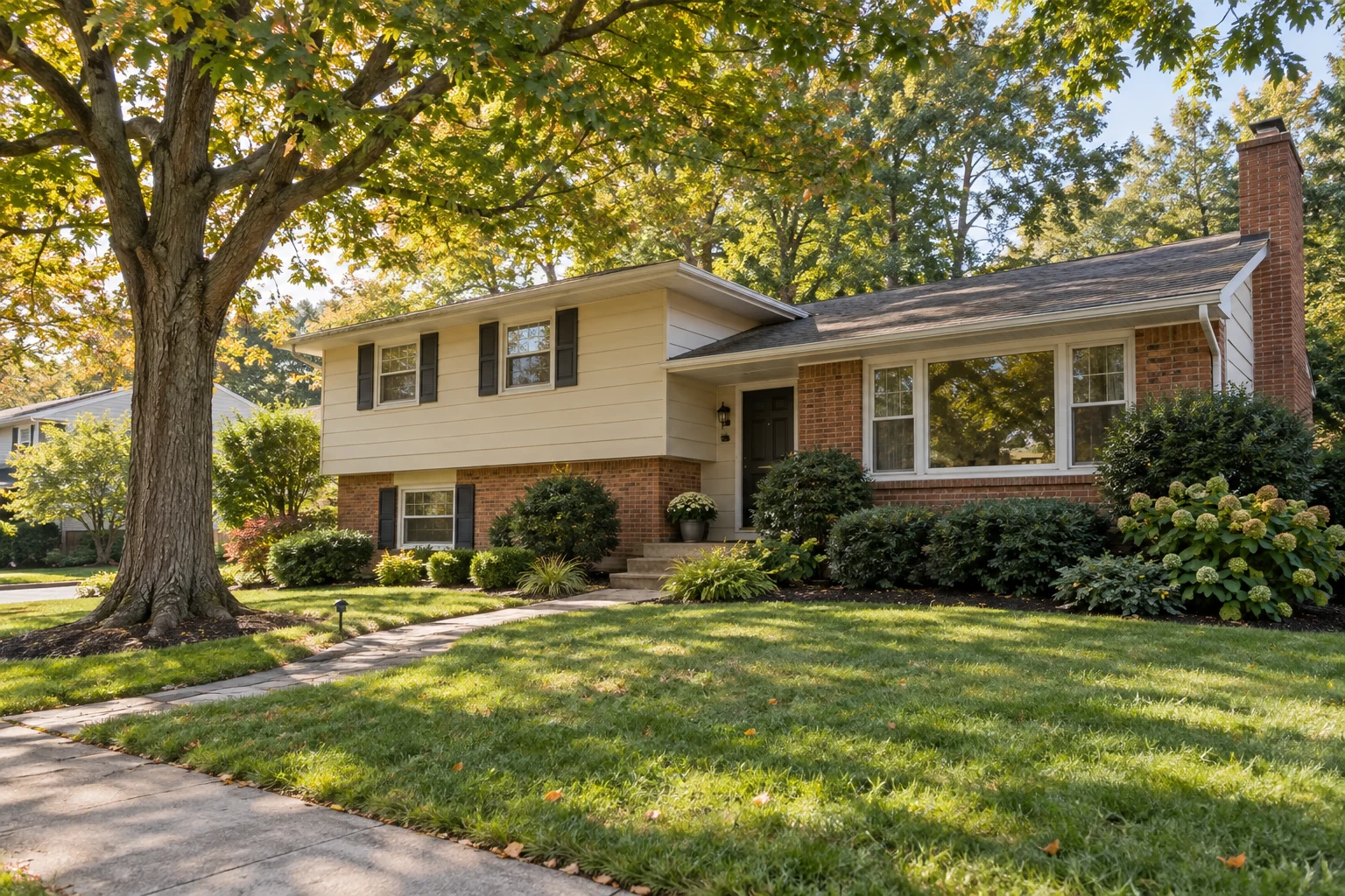 Illustrative suburban home with mid-century details and an established garden. Illustrative suburban home with mid-century details and an established garden.