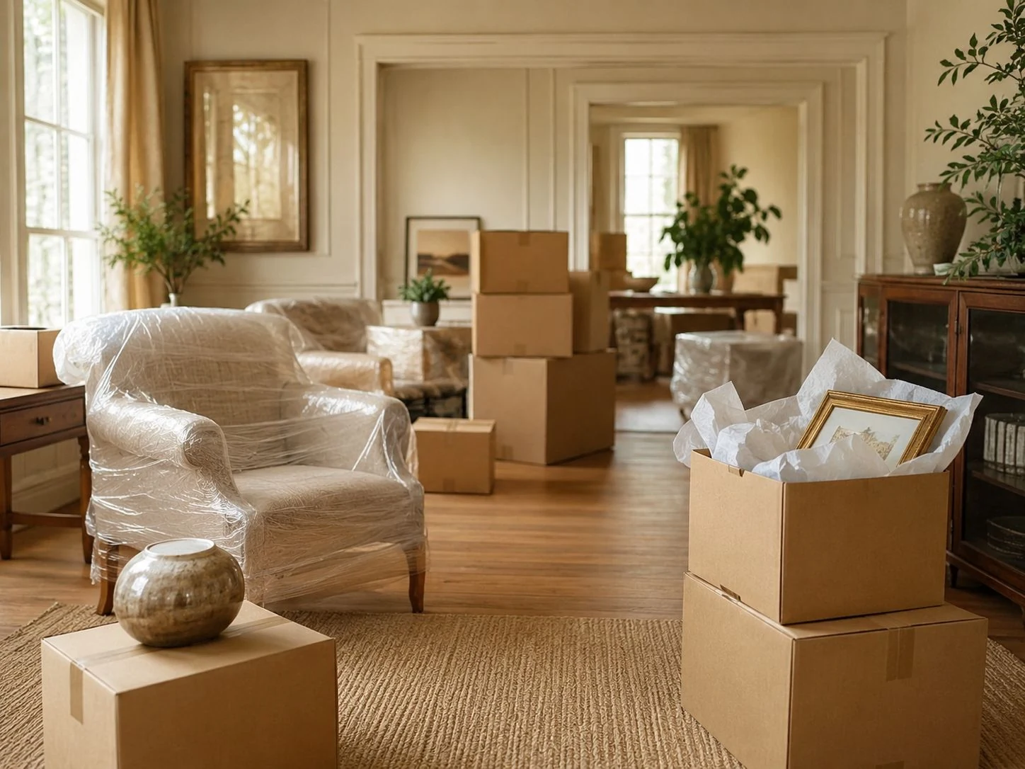 Organized boxes and a tidy room during a home clean-out.