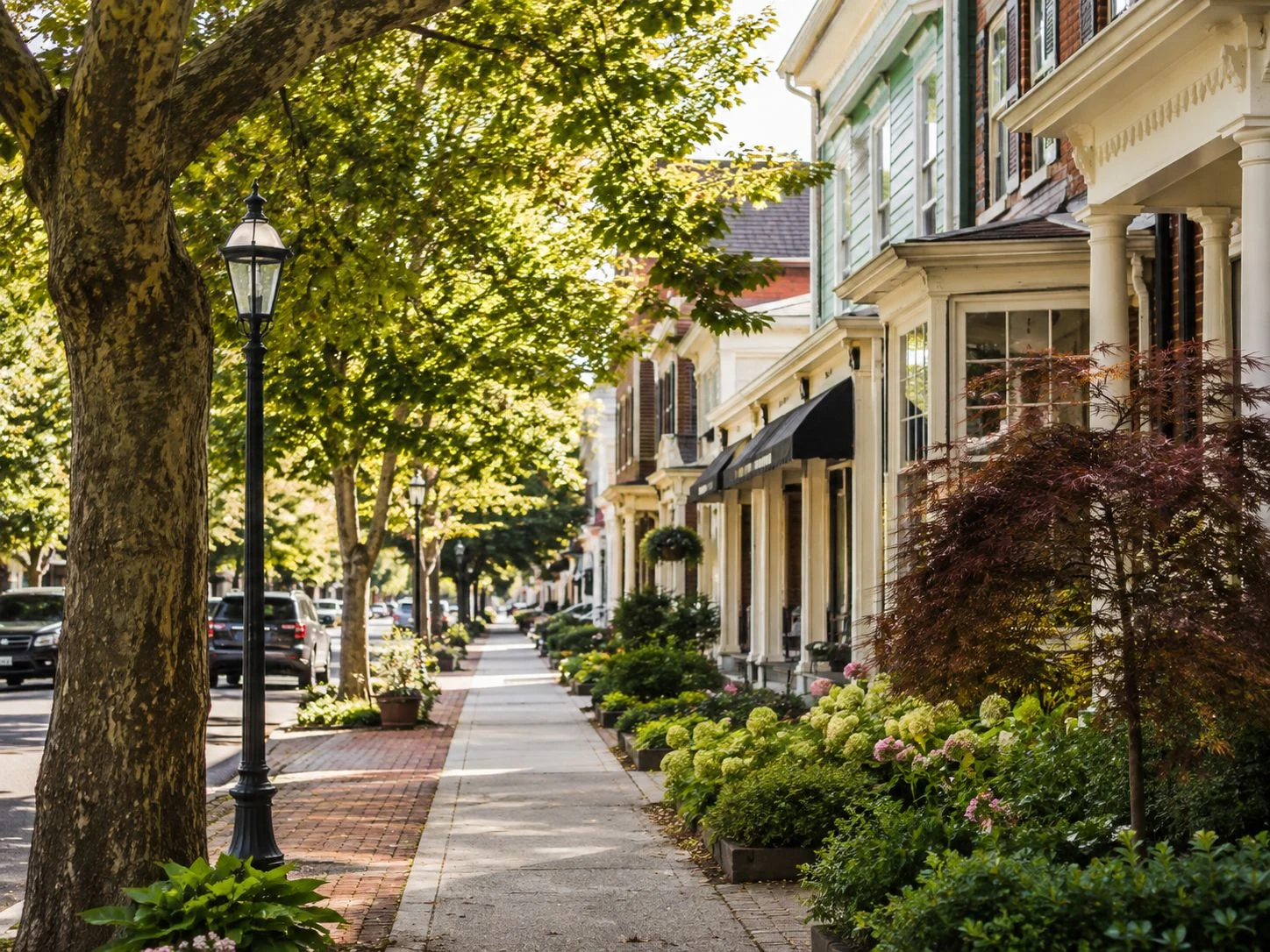 Tree-lined sidewalk beside traditional homes, from the approved Collingswood mockup.