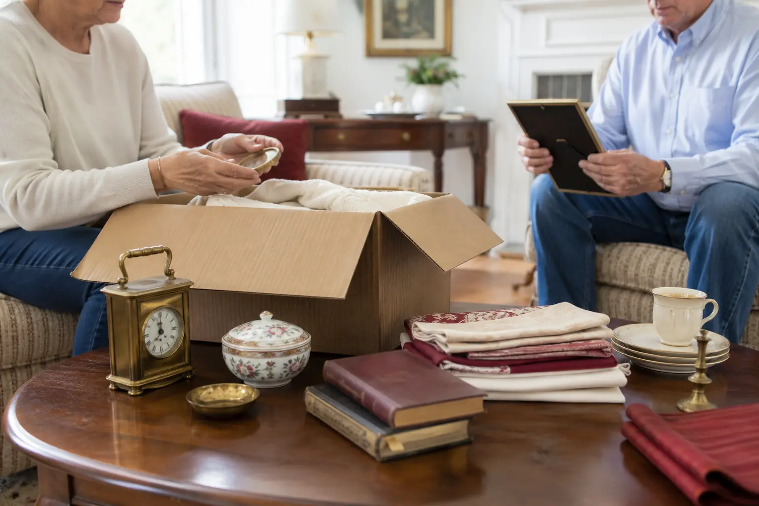 A family carefully sorting household belongings in an estate