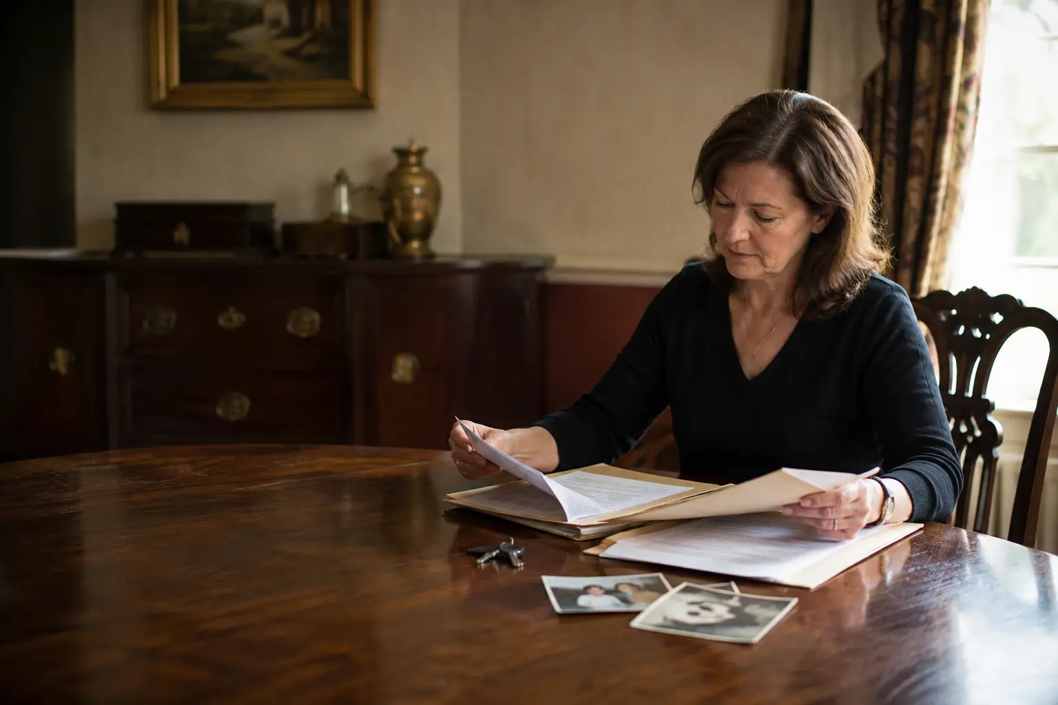 An executor reviewing estate documents in a traditional home