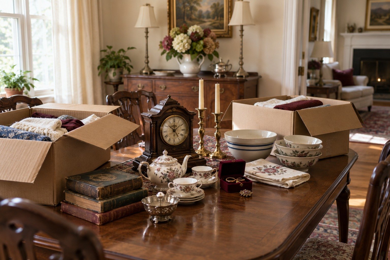 Antique clock, china and jewelry on a dining table beside boxes of household belongings.