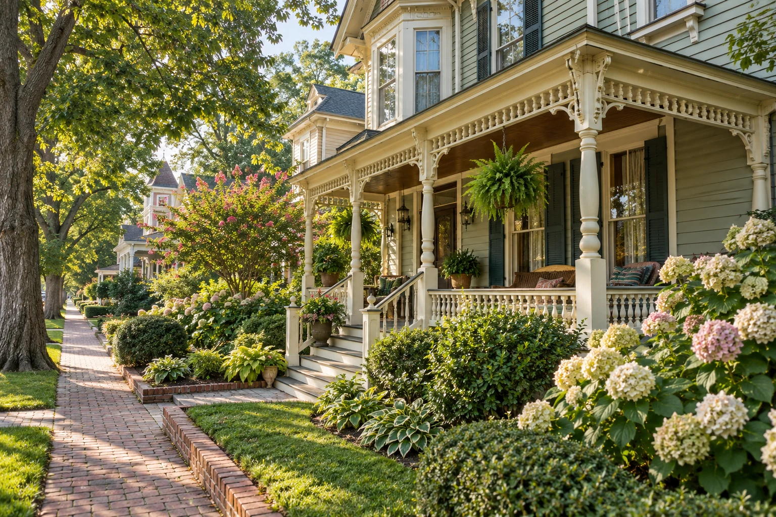 Illustrative historic home with a detailed front porch and tree-lined sidewalk. Illustrative historic home with a detailed front porch and tree-lined sidewalk.
