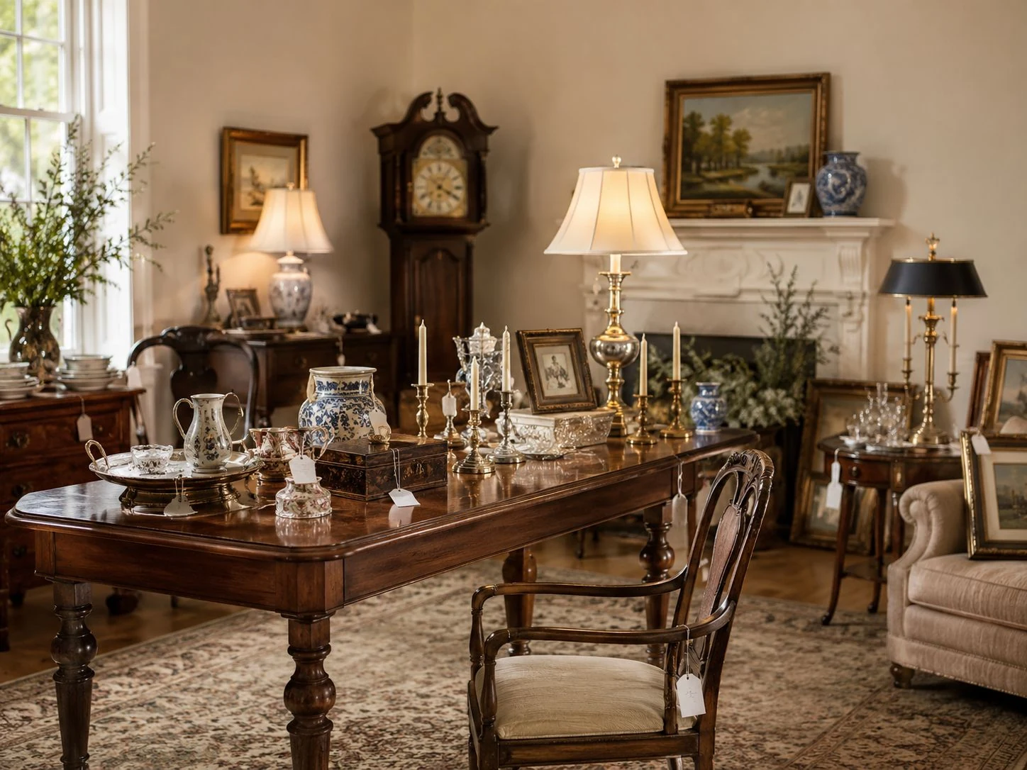 Furniture, lamps and decorative pieces arranged for an in-home estate sale.