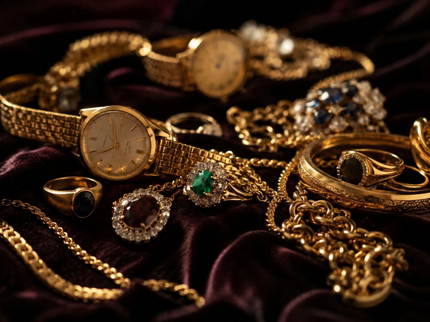 Estate jewelry, gold and vintage accessories arranged for evaluation.