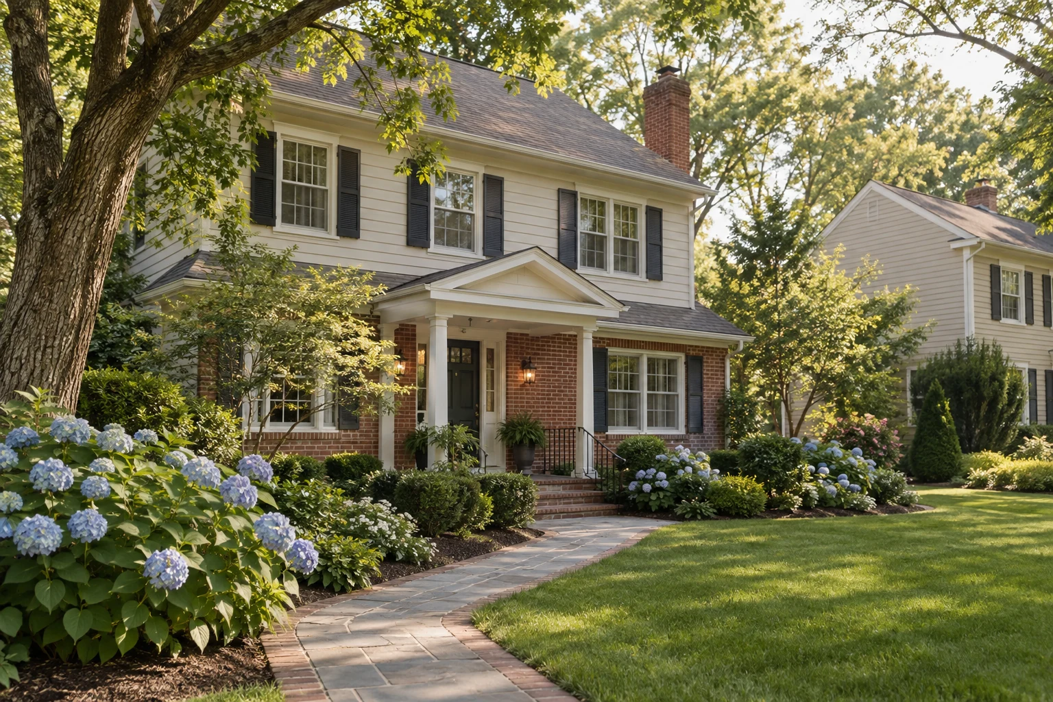 Illustrative traditional suburban home with a garden and front walkway.