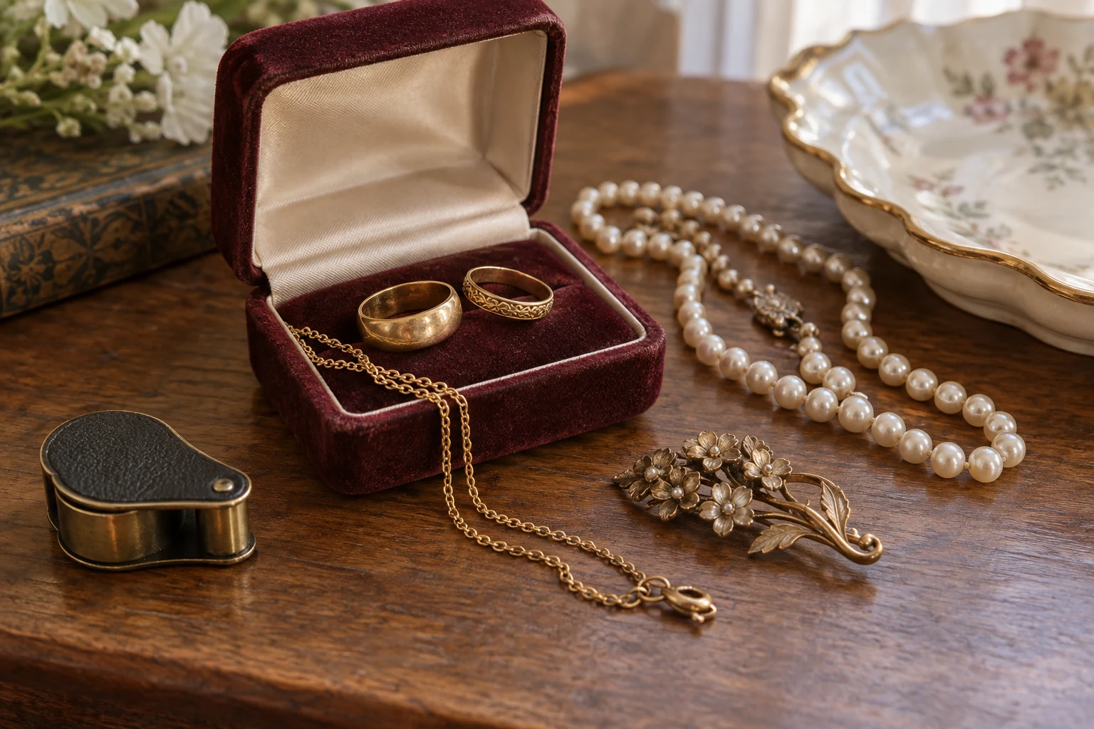 Vintage rings, a gold chain, pearls and a floral brooch beside a burgundy jewelry box.
