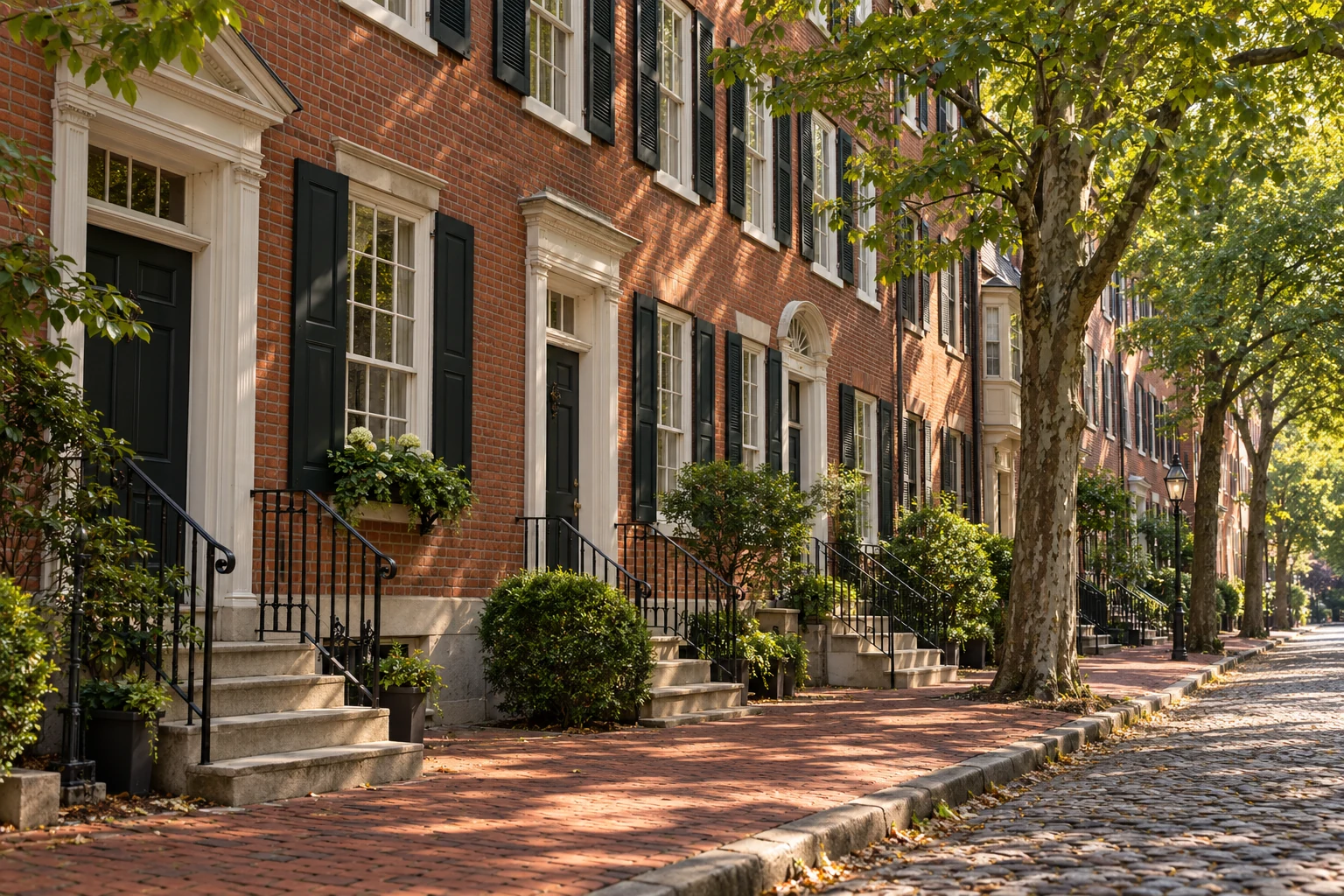 Illustrative historic red-brick rowhouses with stone steps and iron railings.