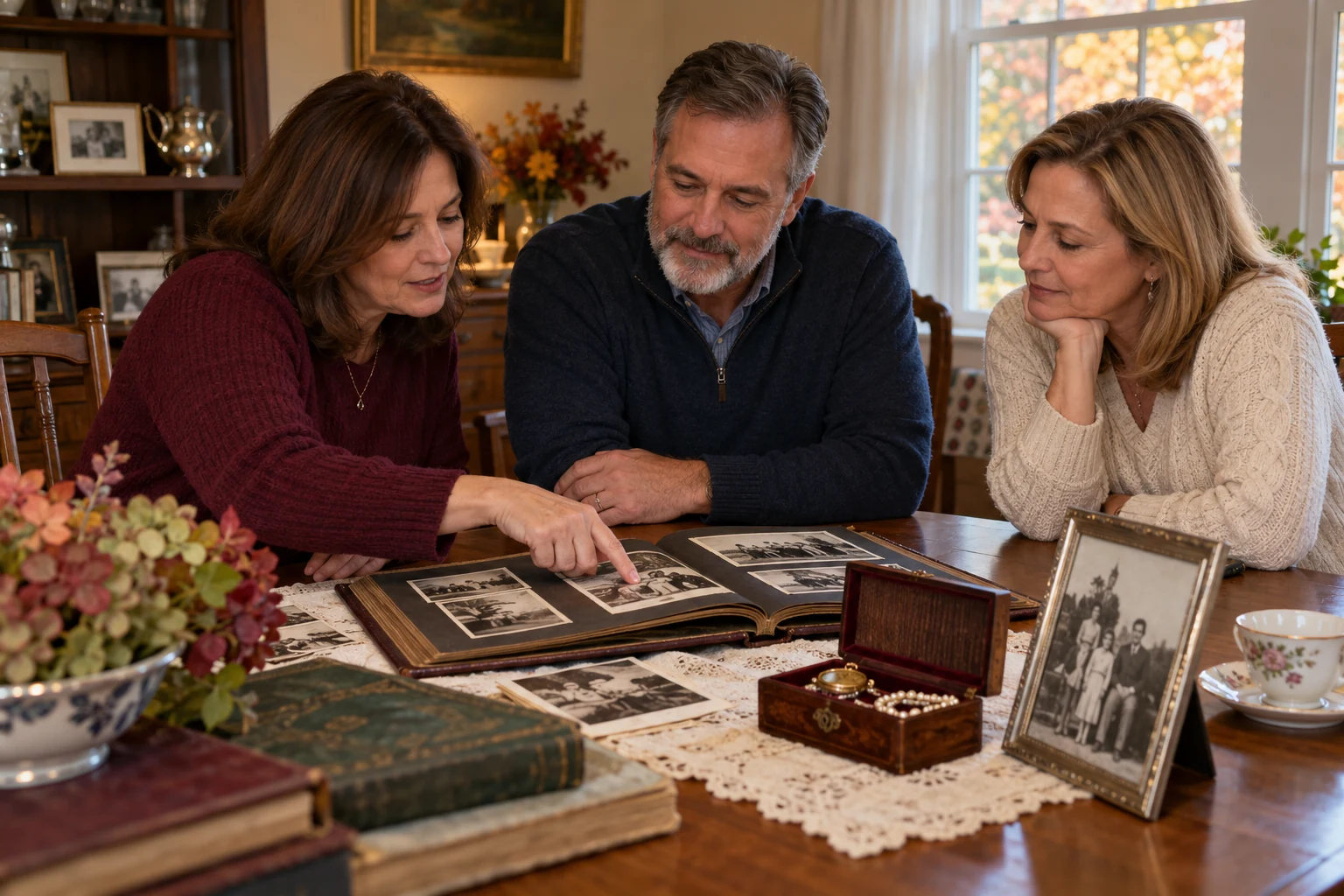 Three adult siblings reviewing a family photo album and inherited keepsakes at a dining table.