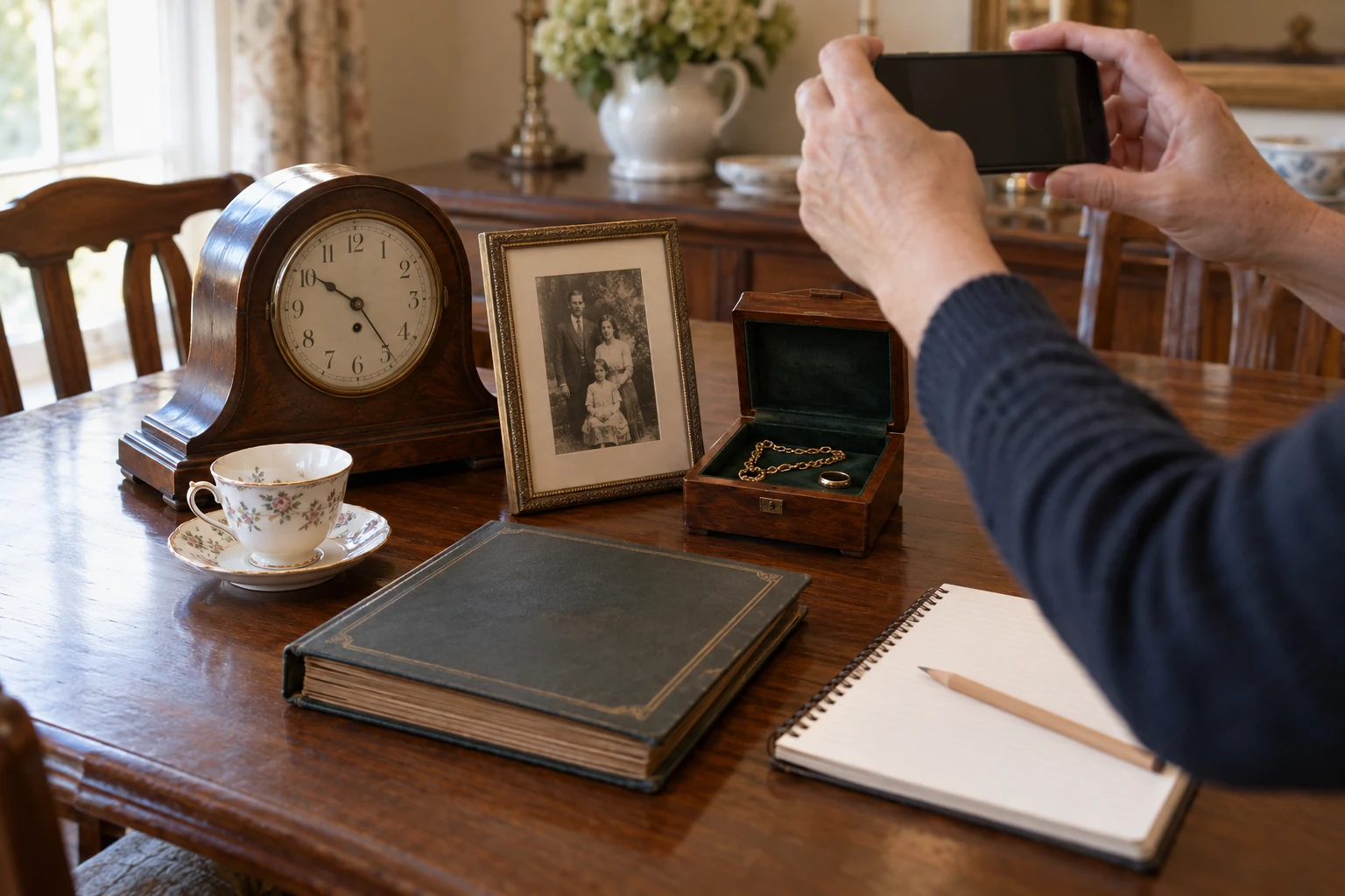 Hands holding a phone above a mantel clock, framed photograph, teacup, jewelry box and photo album.